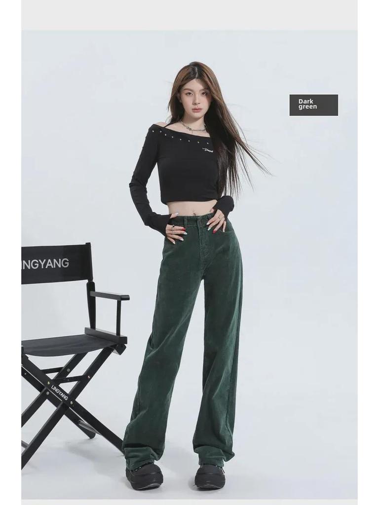 Женские коричневые вельветовые брюки широкого кроя: Высокая талия, ретро-стиль для мытья полов на осень и зиму