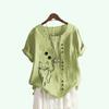 Women Fashion Short Sleeve T-shirt Summer&fall Casual Round Neck Cat Print Top Pullover Loose Cotton Linen Blouses