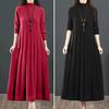 Women Fall Winter Dress Knitted A Line Loose Hem Solid Color High Collar Neck Protection Thick Warm Long Sleeve Pleated Mid Calf Length Midi Dress