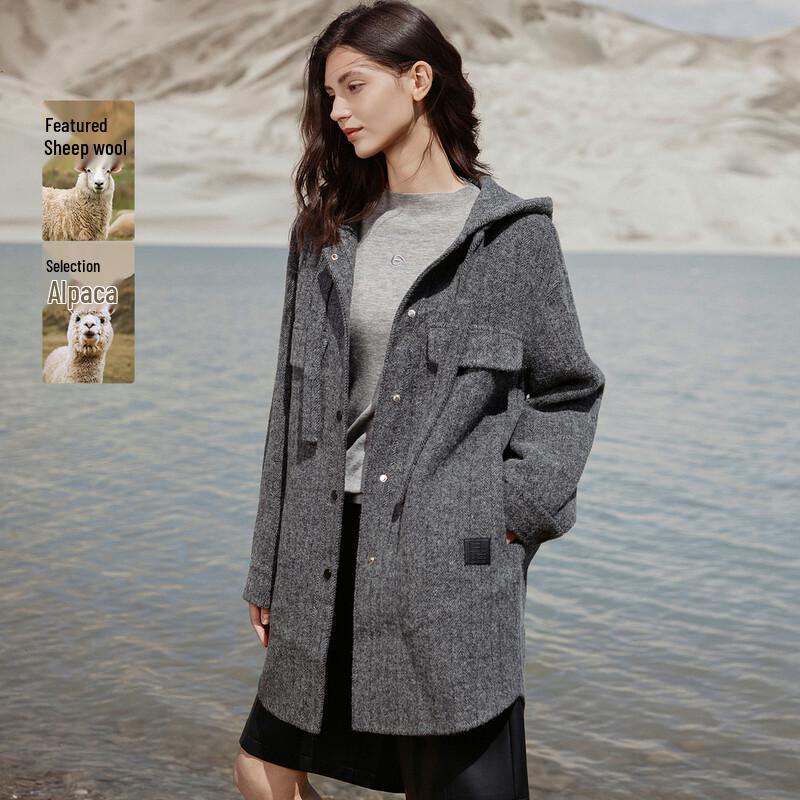 ELLE Длинное пальто с капюшоном из смеси альпаки и шерсти