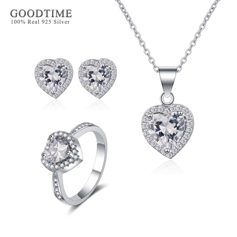 Fashion Women Jewelry Sets For Party Pure 925 Silver Bridal Love Heart Zircon Necklace Earrings Ring Set Accessories
