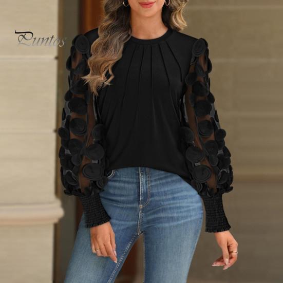 Женские топы с круглым вырезом, сетчатые, с ажурными буфами, с длинными рукавами, однотонные, универсальные, стильные, блузки
