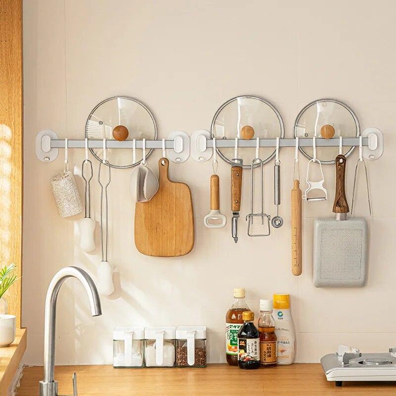 Kitchen Cooking Utensil Hanger Multifunction Punch-Free Wall Mounted Hooks for Spatula Spoon Large Capacity Lid Holder Organizer