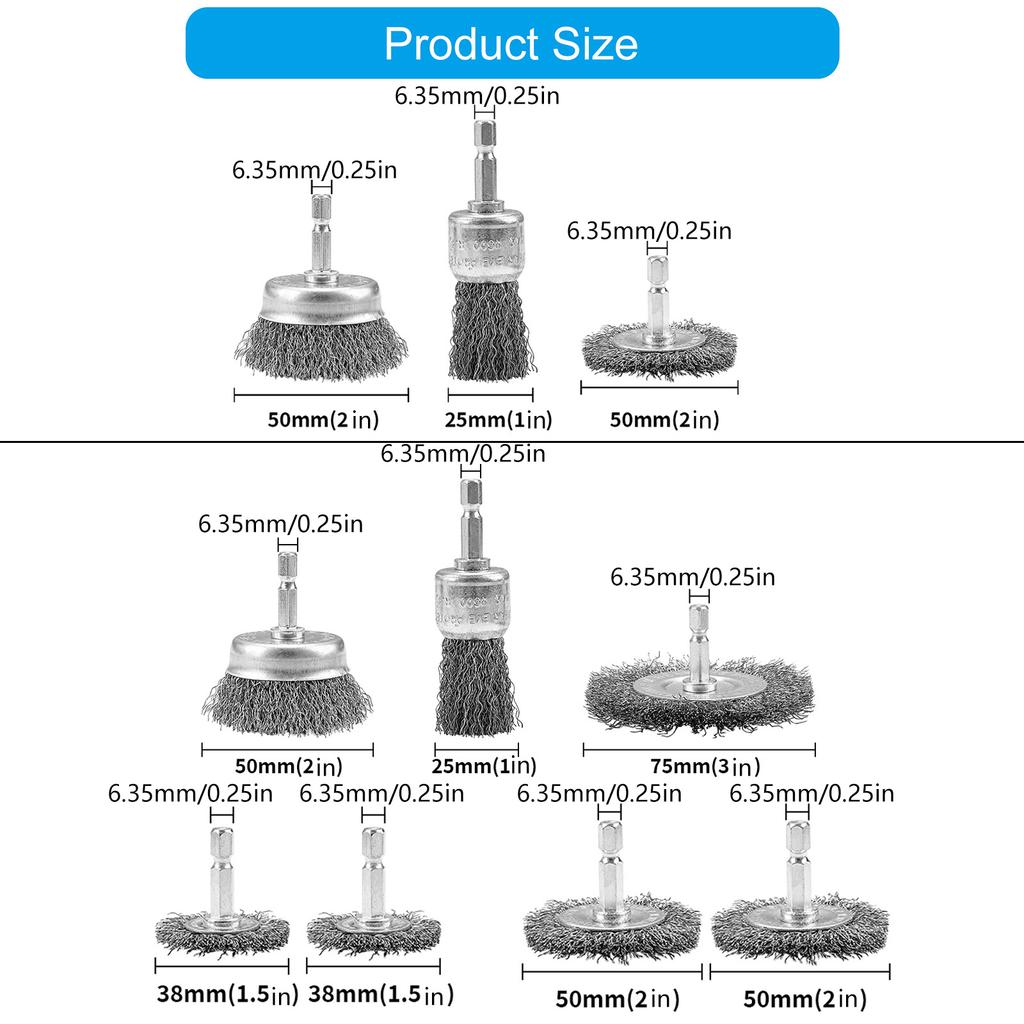 Набор стальных щеток-колес с шестигранным хвостовиком для зажима в 1/4-дюймовую электродрель, эффективное удаление ржавчины, обработка поверхностей