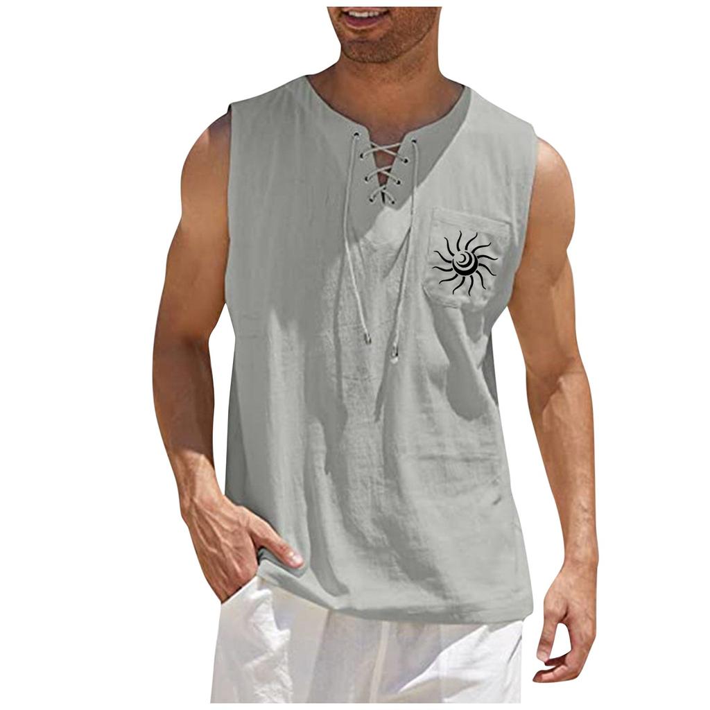 Мужские повседневные свободные хлопковые льняные рубашки с принтом, блузка, жилет без рукавов, пляжные рубашки, топы