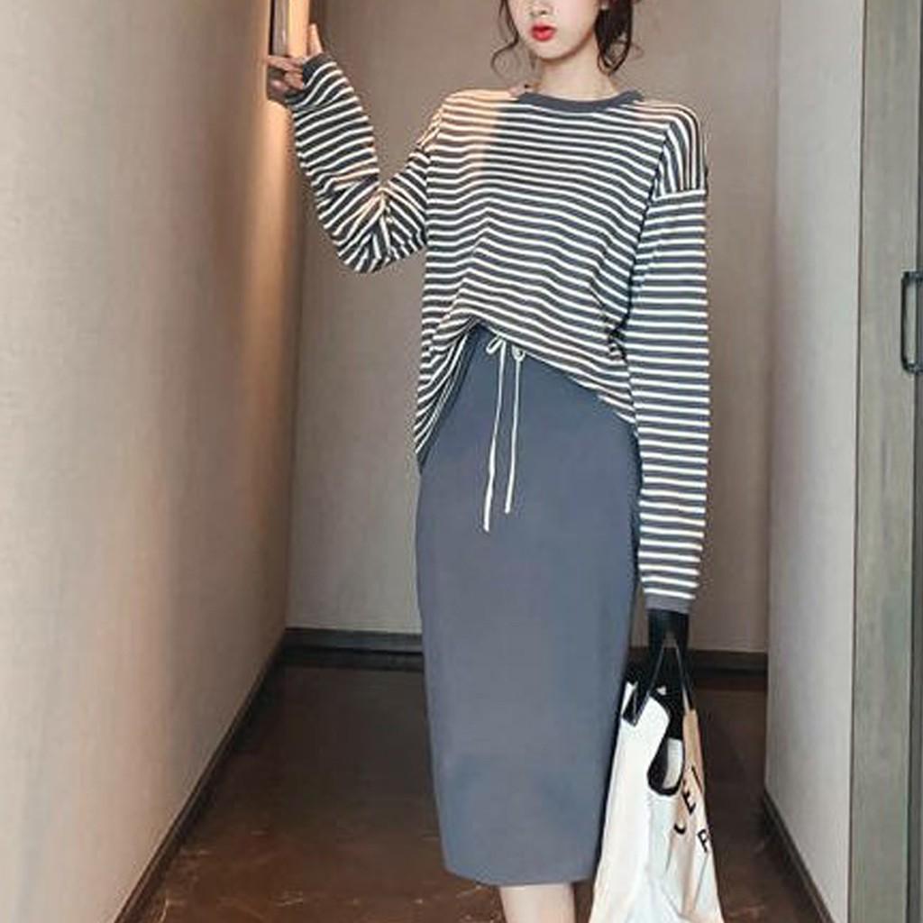 Lady Fashion Women Long Sleeve Split 2 Piece Set Casual Stripe Outfit Skirt