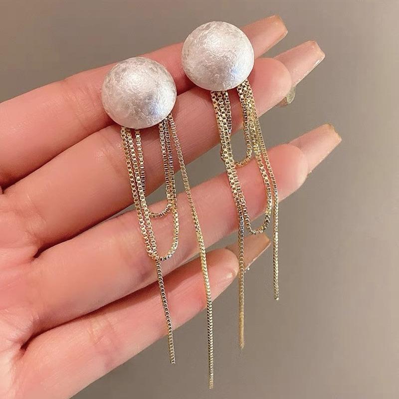 Korean Fashion Imitation Pearl Dangle Earrings Elegant Round Shape Chain Tassel Drop Earrings For Women Bridal Earrings Party Jewelry
