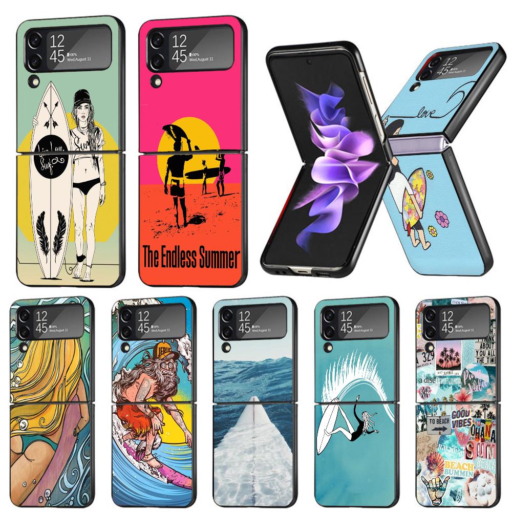 Surfboard Surfing Art Surf Girl Summer Hard Black Cover for Samsung Galaxy Z Flip 7 6 5 4 3 5G Phone Case Flip7 Flip6 Flip5 Flip