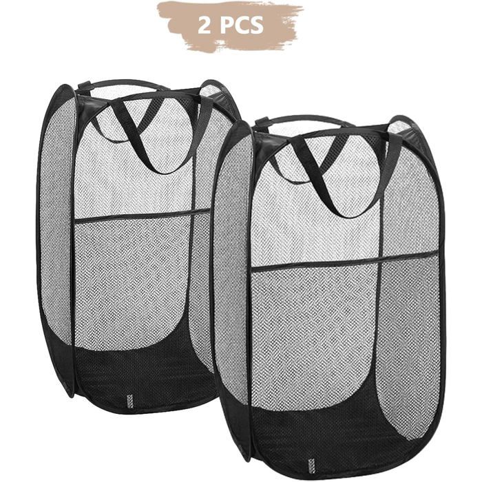 Lot de 2 paniers à linge pop-up pliables noirs – grande capacité, maille respirante, portable