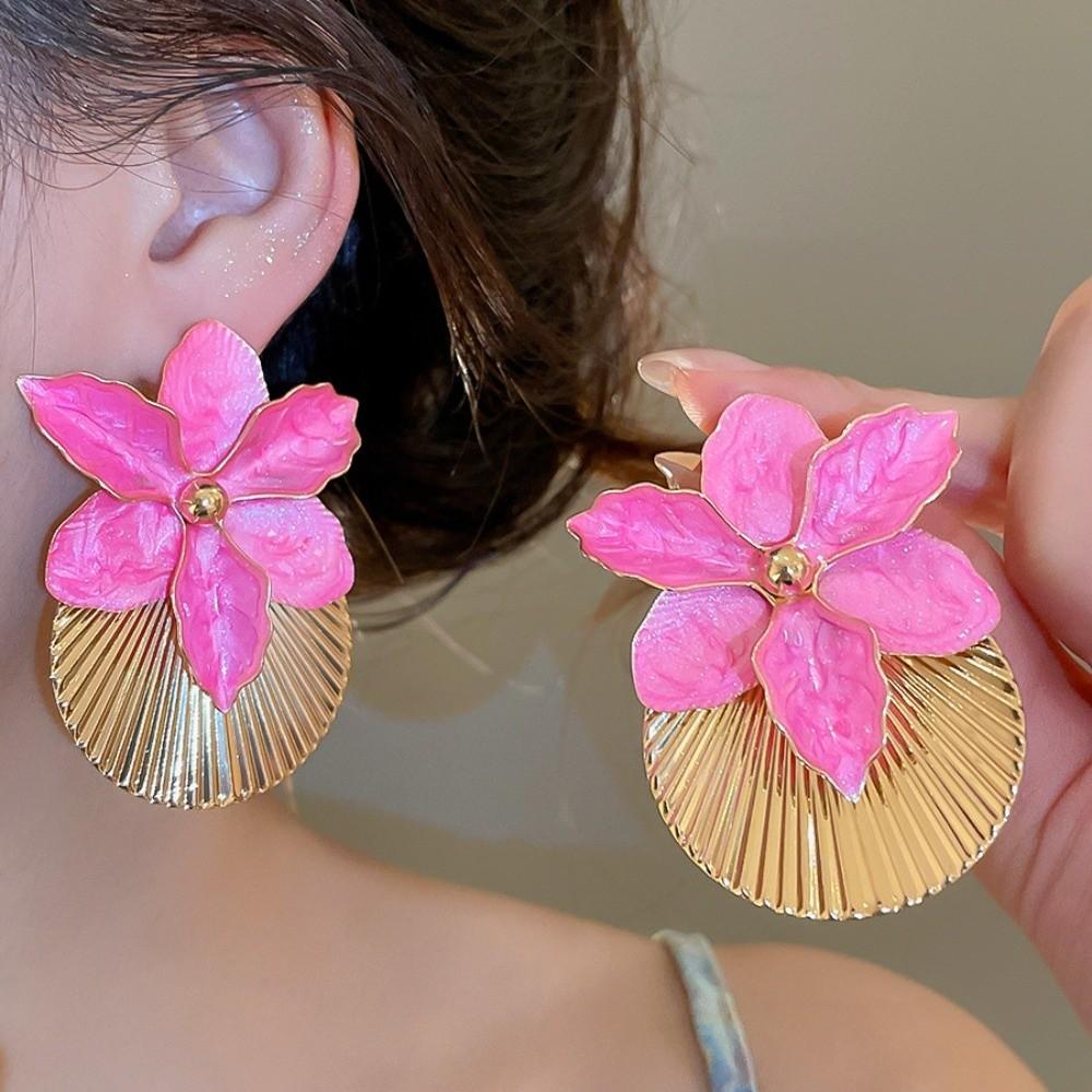 Oil Drip Orchid Flower Shell Earrings Shell Shape Ear Pendant Floral Ear Studs Summer