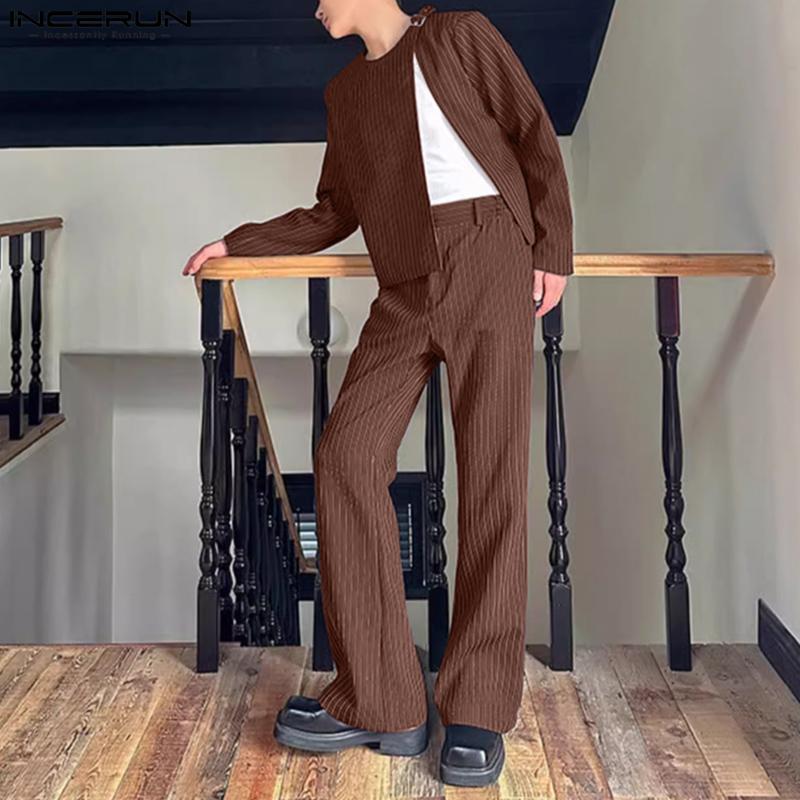 INCERUN Двухсекционный мужской круглый вырез полосатый разрез длинный рукав рубашки повседневный костюм брюки комплекты