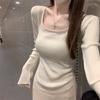 Wear a Gentle Wind Square Collar Top In Autumn and Winter, Women's Splicing Pure Desire Design Sense, Knitted Sweater Backing Sweater Inside