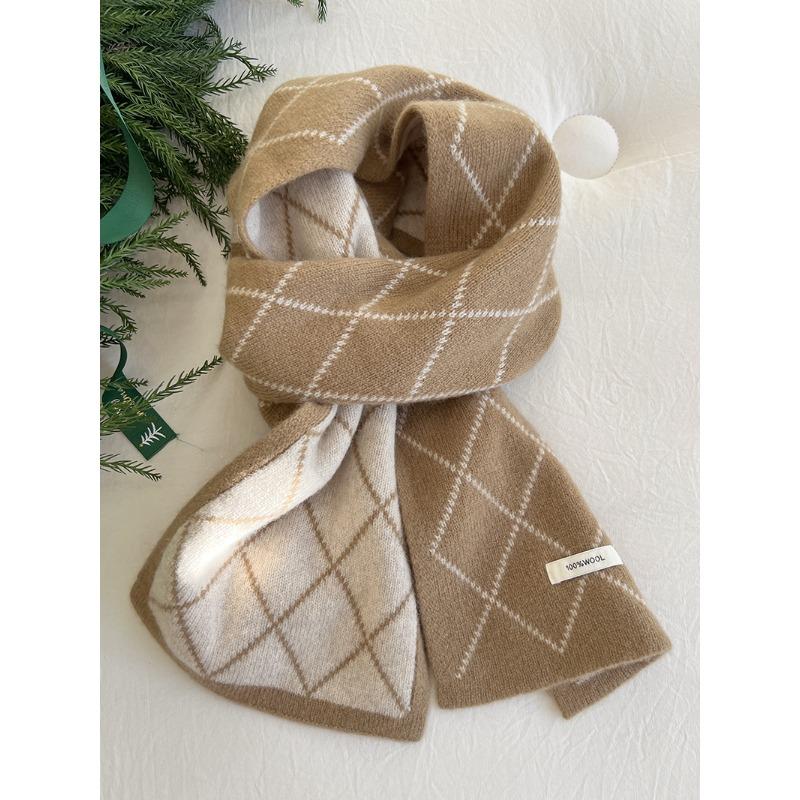 Wool 100ool Double-sided Scarf Rhombus Plaid Scarf Winter Warm Couple