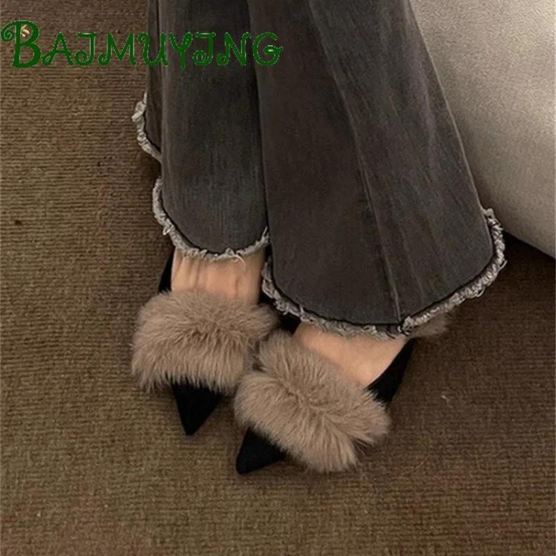 Роскошные меховые женские тапочки, остроносые туфли-мюли, сексуальные туфли на тонком высоком каблуке для вечеринок, зимние меховые теплые шлепанцы, замшевые туфли-лодочки Botas Mujer