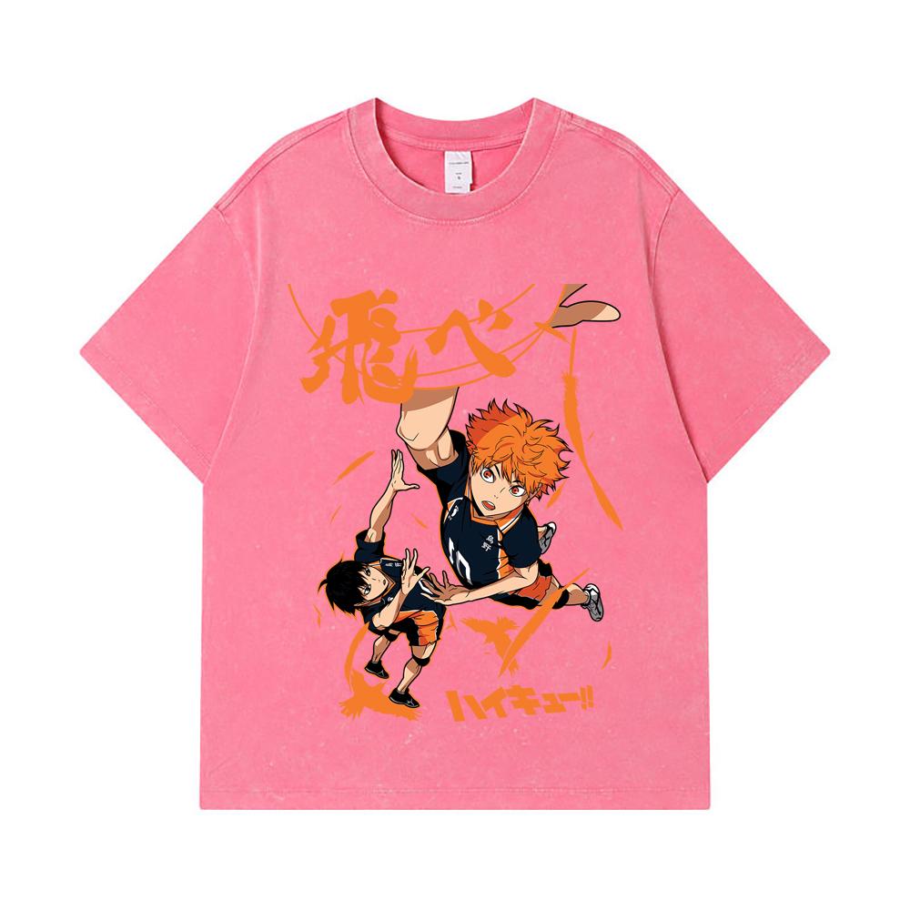 275 GSM Washed T-shirts 100% Cotton Haikyuu V10 Hinata Tobio Print Unisex Heavy Cotton T Shirt