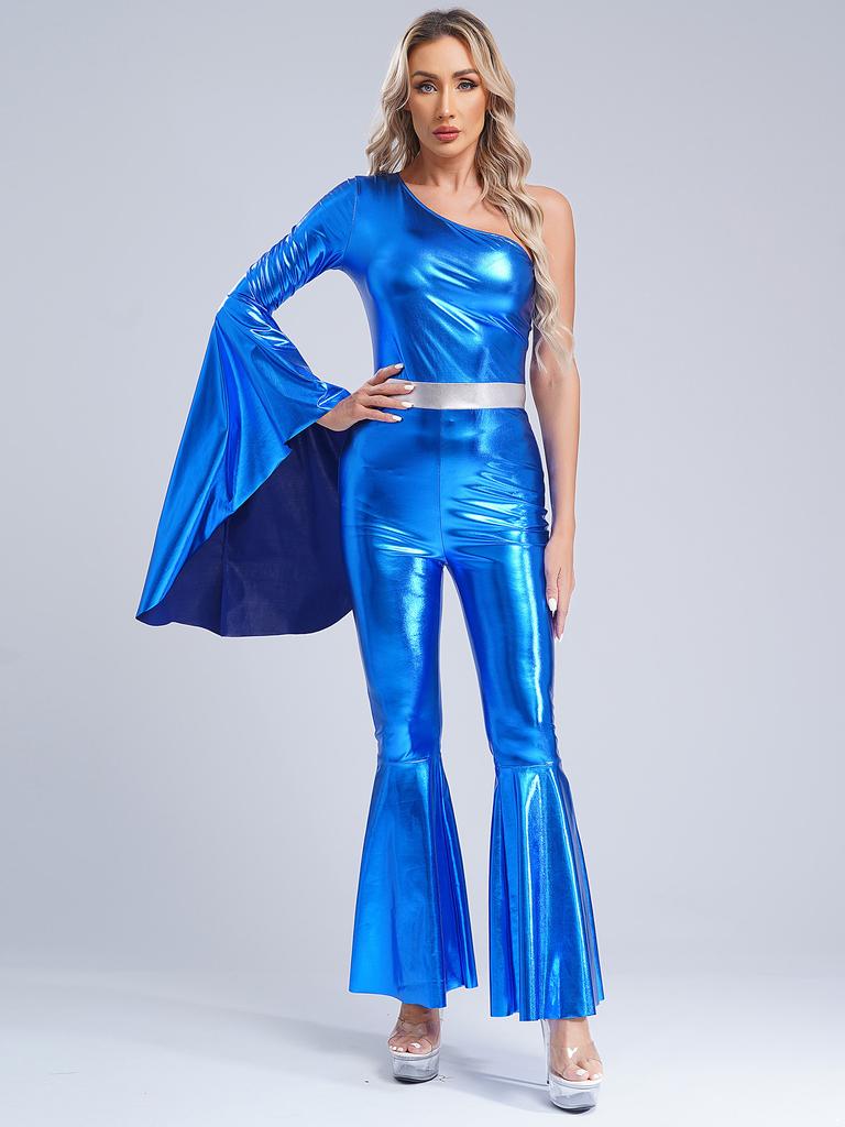 Женский костюм для косплея в стиле диско 70-х годов, карнавальный костюм для вечеринки в стиле рейв, металлический расклешенный комбинезон с длинными брюками, расклешенная джазовая танцевальная одежда