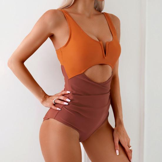 Женский сексуальный монокини с контролем живота, цельный купальник с v-образным вырезом, без рукавов, лоскутный цвет, с высокой талией