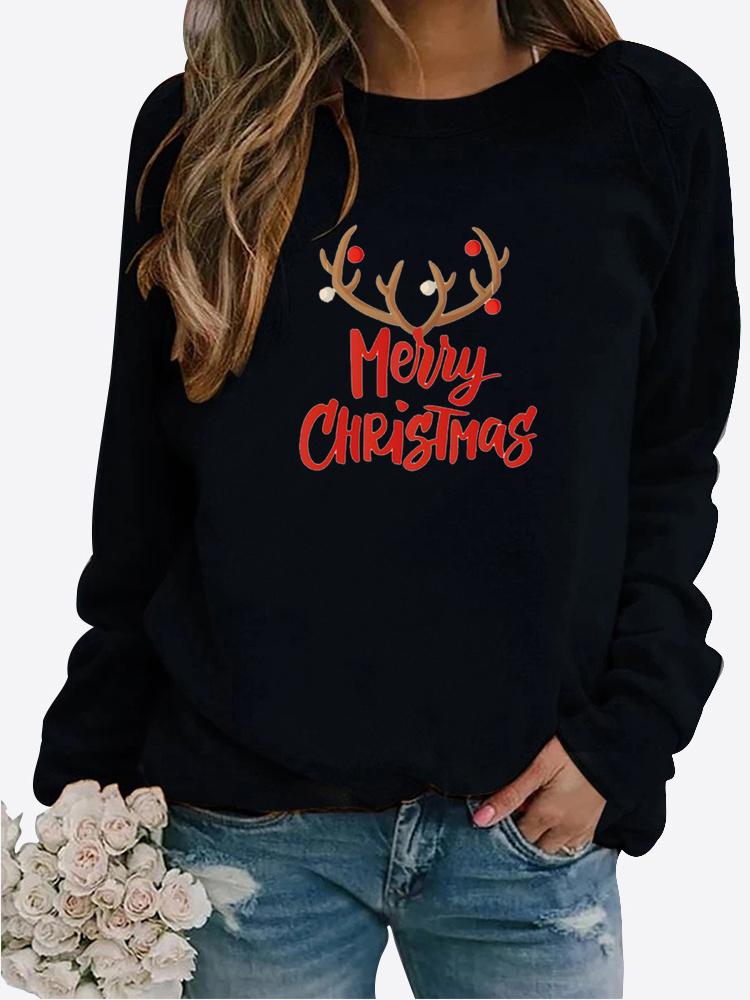 Женская рождественский подарок, осенне-зимняя повседневная модная однотонная футболка с круглым вырезом и длинным рукавом с принтом, свободная блузка, топы