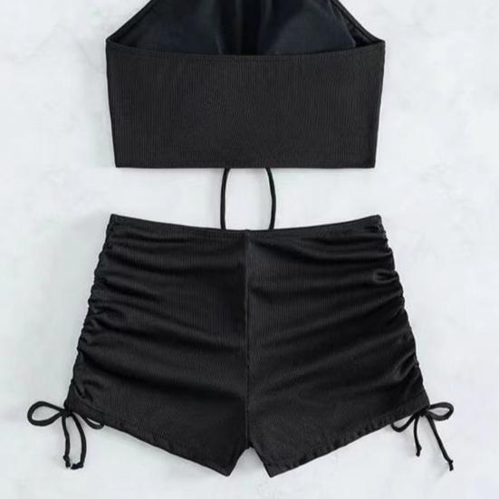 2Pcs/Set Women Summer Bikini Set Hollow Out Halter Bra High Waist Side Drawstring Swimming Trunks Set Bathing Suit Beachwear