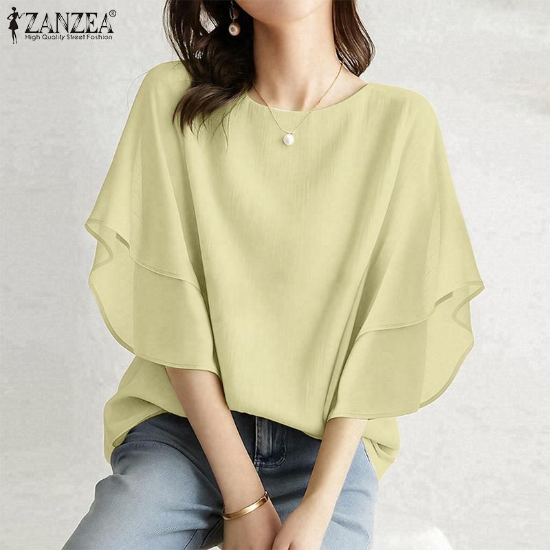 ZANZEA Women Summer Round Neck Casual Short Sleeve Loose Blouse