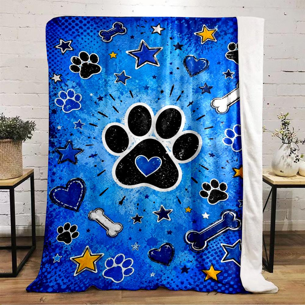 Paw Print and Bone Pattern on Blue Warm blanket, Flannel blanket for bedroom, living room, sofa, and nap.