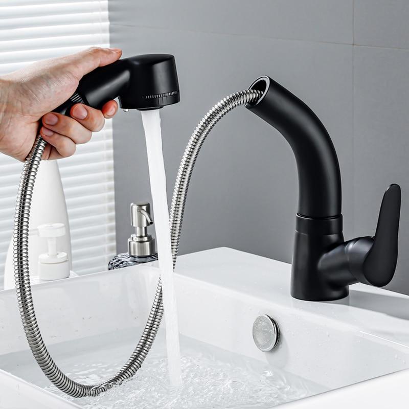 Matte Black Bathroom Basin Faucet Pull Out Spout Rotatable Liftable Body Deck Mounted Hot and Cold Water Mixer Tap