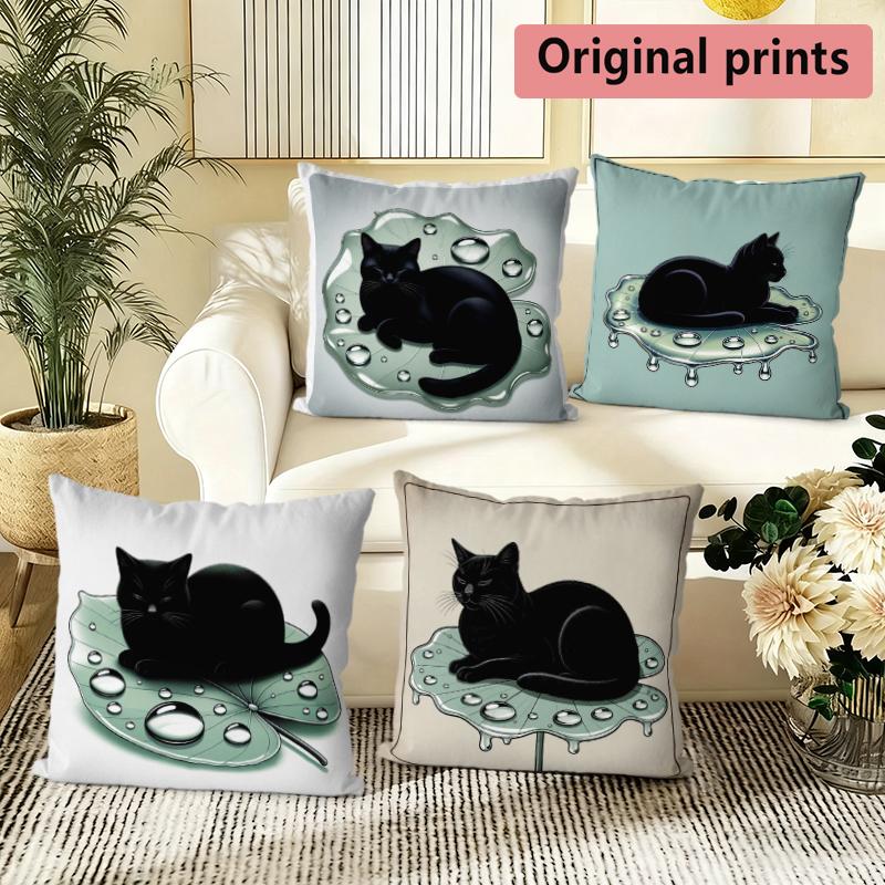 Lotus Leaf Black Cat Print Throw Pillow Covers Pattern Cushion Cover Suitable For Sofa Bedroom Car Pillow Cover