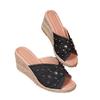 Large Size Summer New High-heeled Wedge Heel Thick-bottomed Denim One-word Rivets Fish Mouth Women's Slippers
