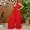 2023 Summer V-Neck Long-Sleeve Pleated Wide-Leg Jumpsuit for Women