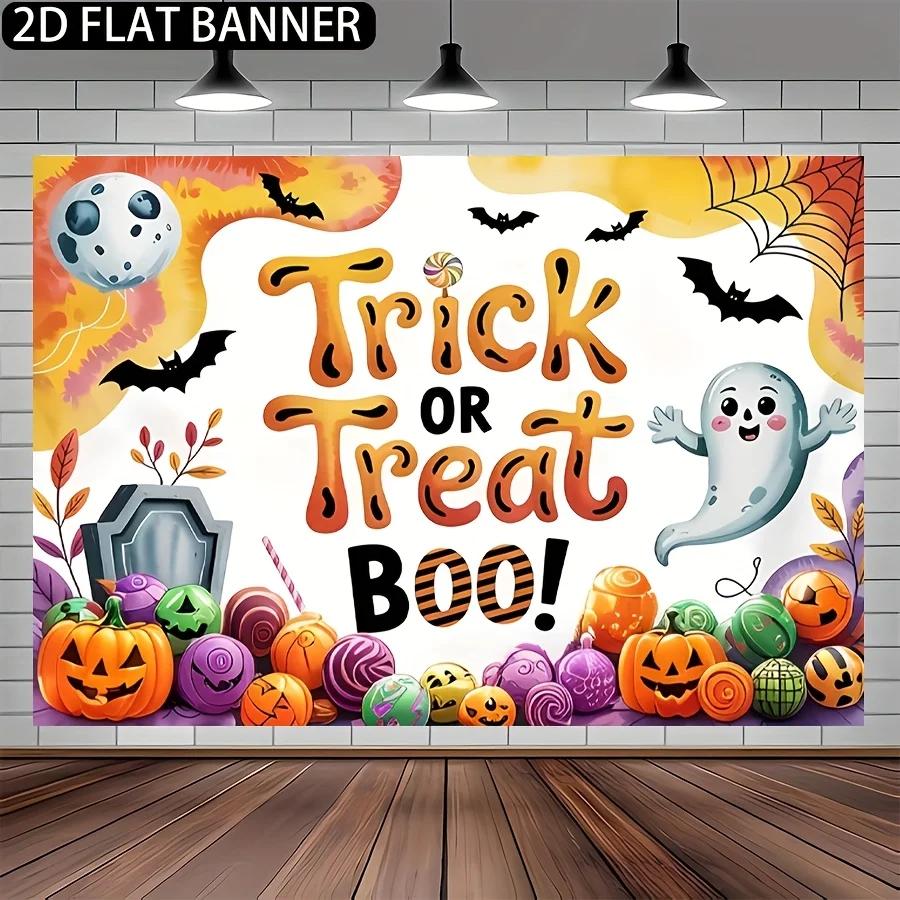 2D plane, 1 Halloween party banner - "Trick or Treat" BOO! Halloween decoration with pumpkin lanterns yzb