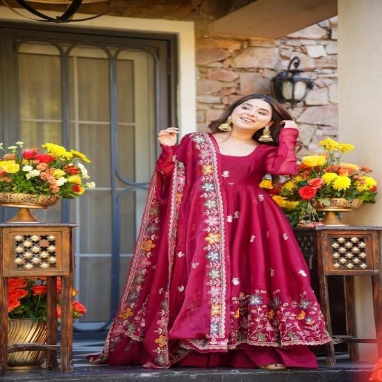 Enchanting Floral Embroidered Anarkali Gown Sets with Border Dupatta