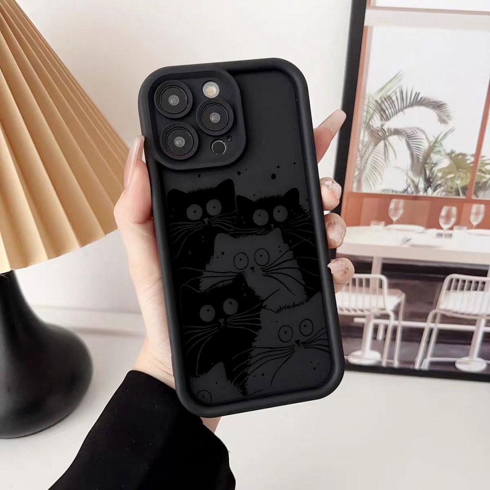 Забавный черный мультяшный кот Чехол для телефона для iPhone Apple 17 AIR 16 16E 11 12 13 14 15 XR Plus Pro Max Чехол Сделай сам ТПУ Ударопрочный Чехол