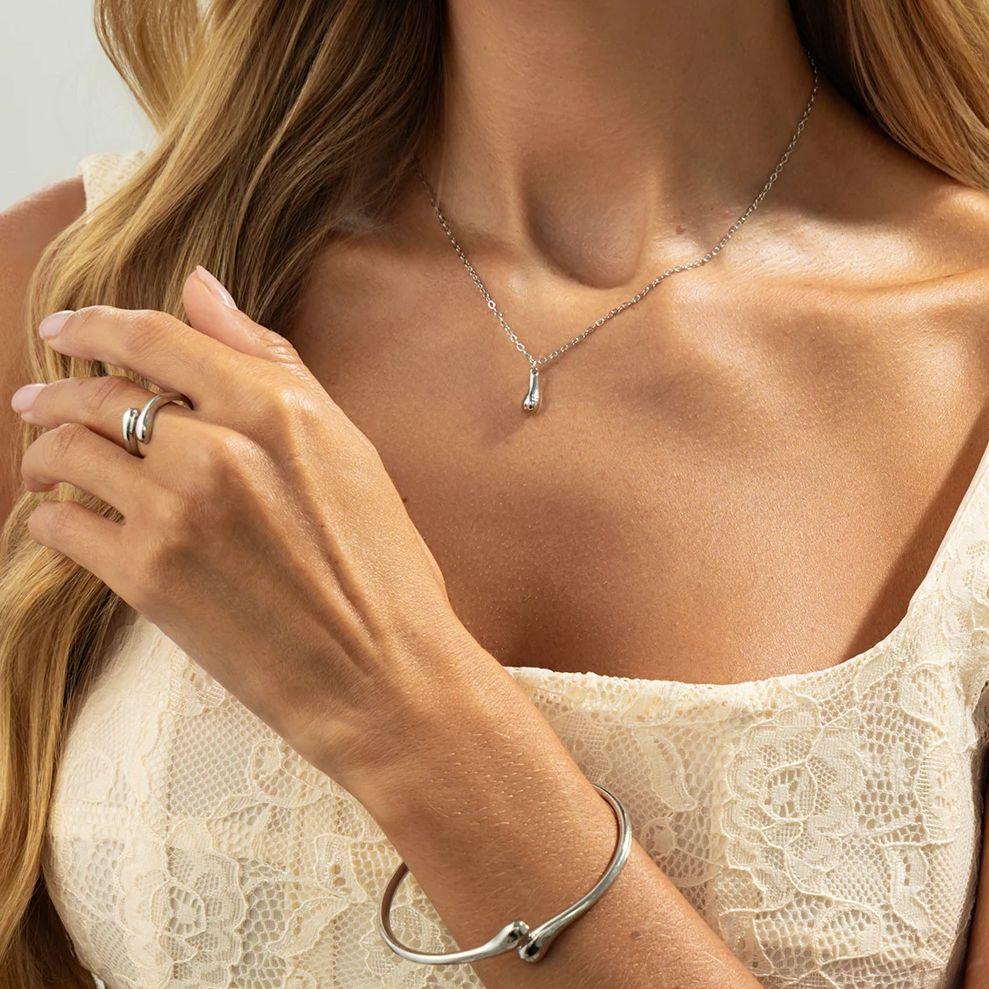 Salircon 4Pcs Trendy Gold Color Water Drop Necklace Earring Ring Bracelet Set Women Luxury Elegant Jewelry Party Wedding Gifts