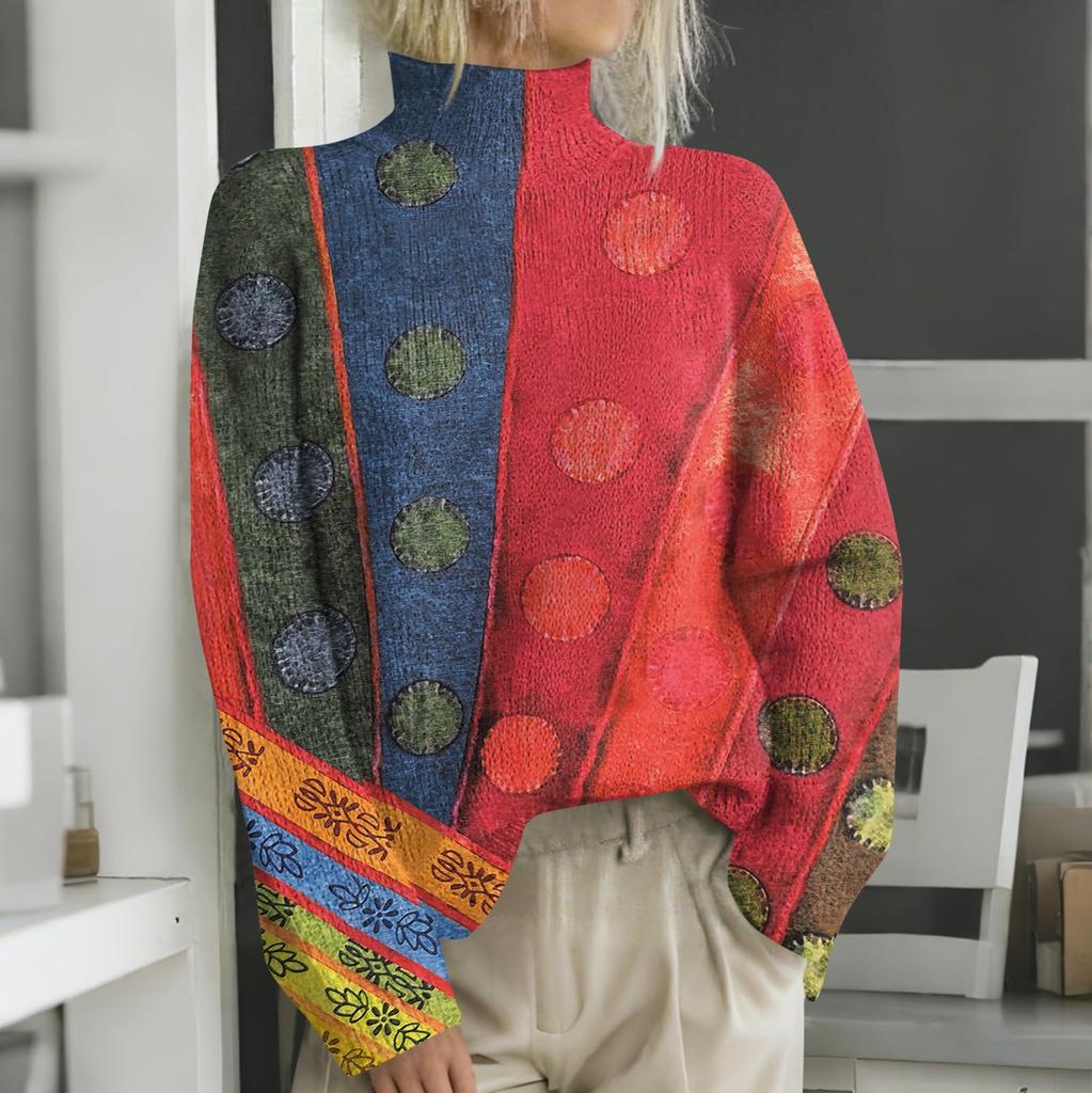 Женская мода повседневная с длинным рукавом и принтом, с высоким воротом, шерстяной трикотаж