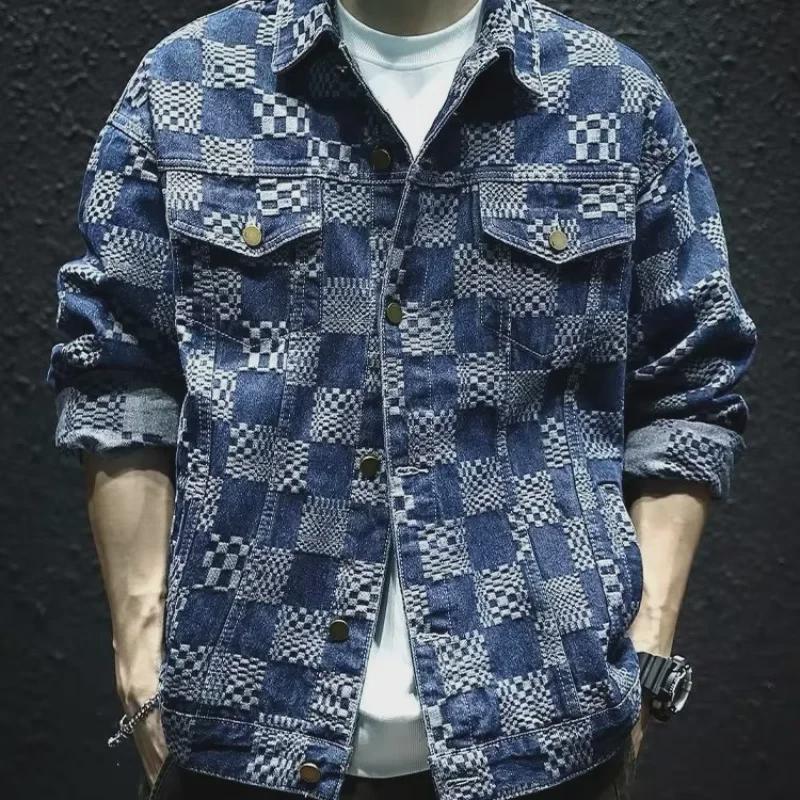 Мужская джинсовая куртка в синюю клетку в стиле ретро — стиль Гонконга, модная, свободного кроя, подходит для весны и осени.