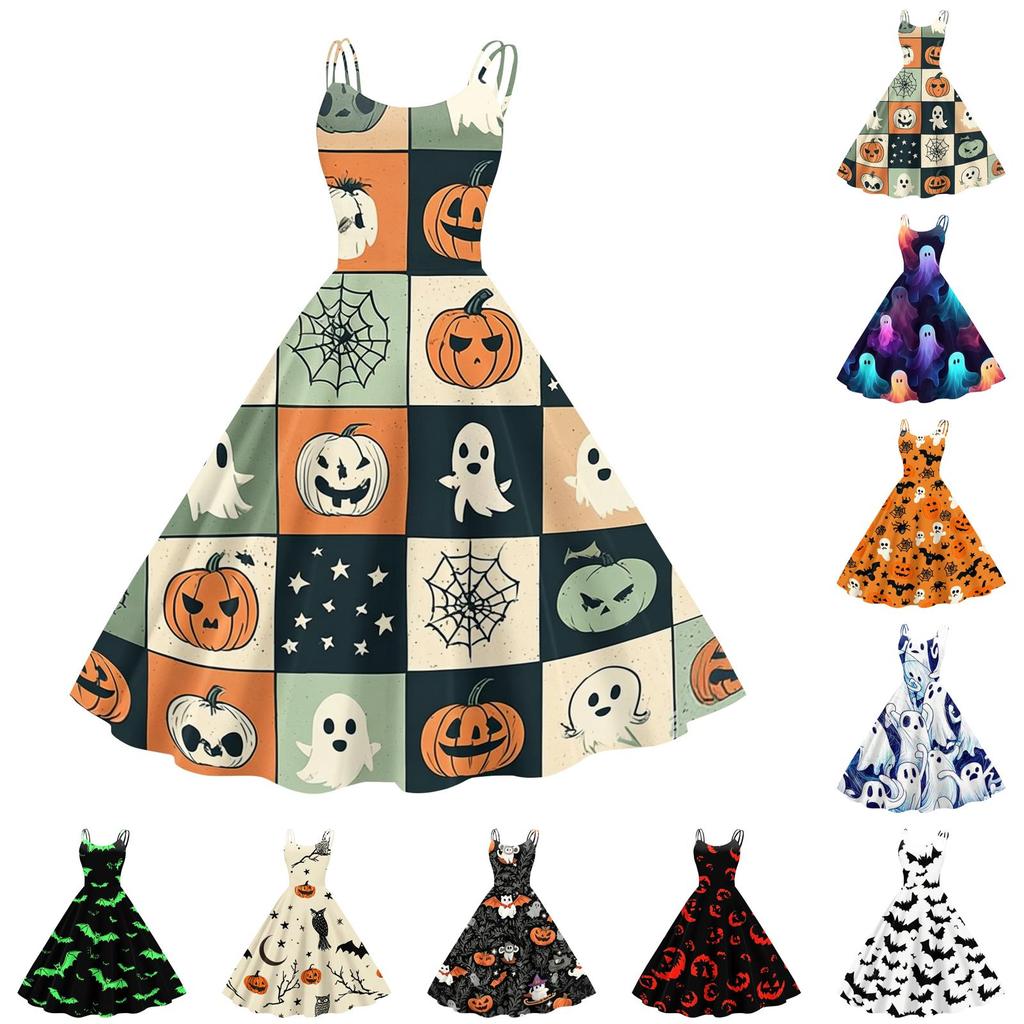 Womens Halloween Print Off Shoulder Dress Vintage Punk Style Sleeveless Spaghetti Strap Flared Skirt Party Dress