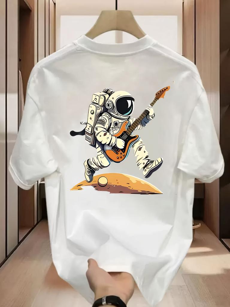 Men Cotton Graphic T-Shirt Astronaut Playing Guitar on Moon Print Casual Round Neck Short Sleeve Summer Tee Men Clothing