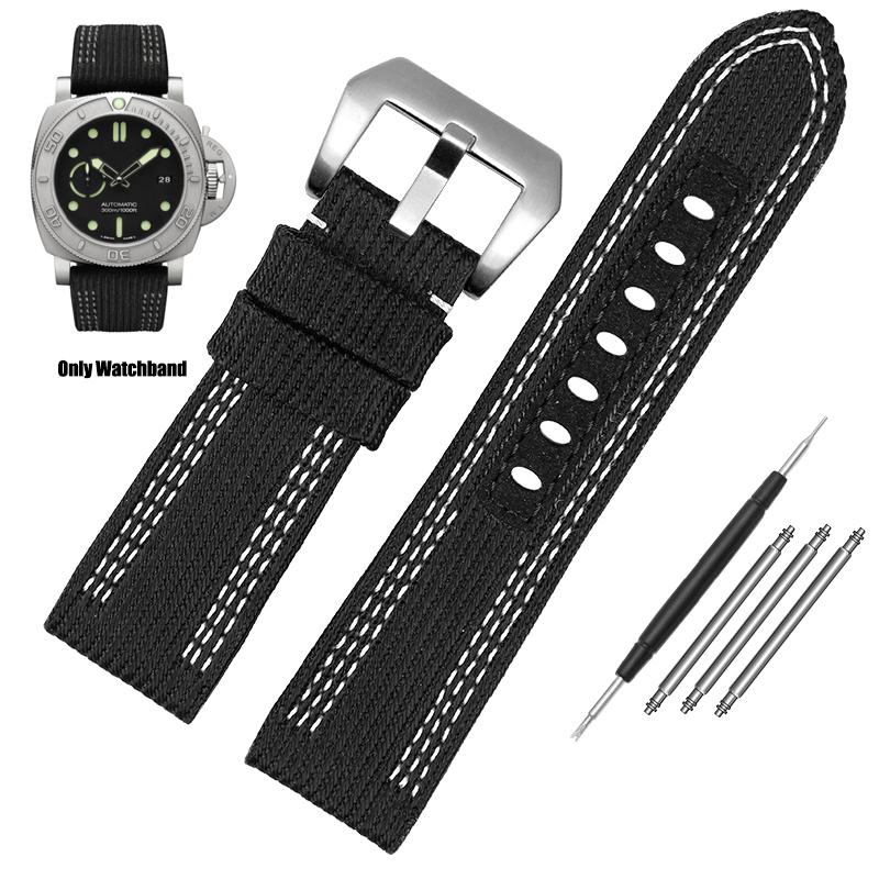 Ремешок для часов 24 мм 26 мм Нейлон Холст Кожаный Ремешок для часов Panerai PAM00984 985 01661 Luminor Аксессуары Браслет Черный Ремешок для часов