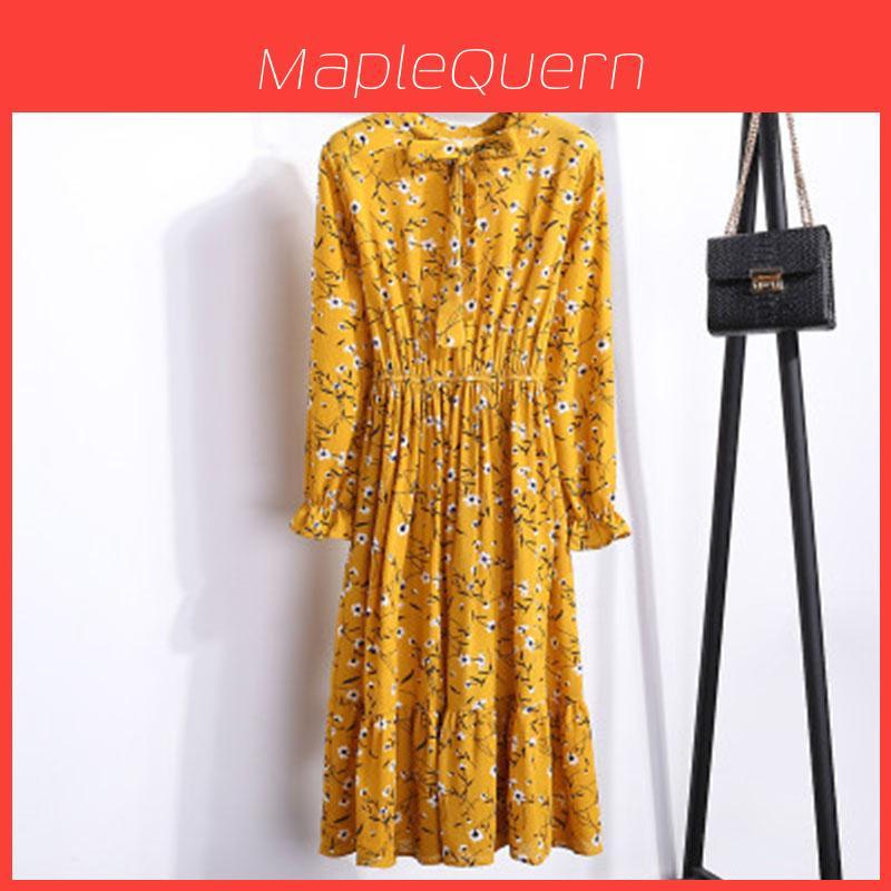 Elegant Floral Chiffon Long Sleeve Casual Vintage Boho Maxi Dress For Women