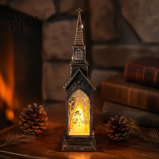 Decorative Festive Lighting Christmas House Lantern Night Light, Glowing LED Tabletop Decor with Cottage Holiday Desk Ornament Scene, Flameless Candle