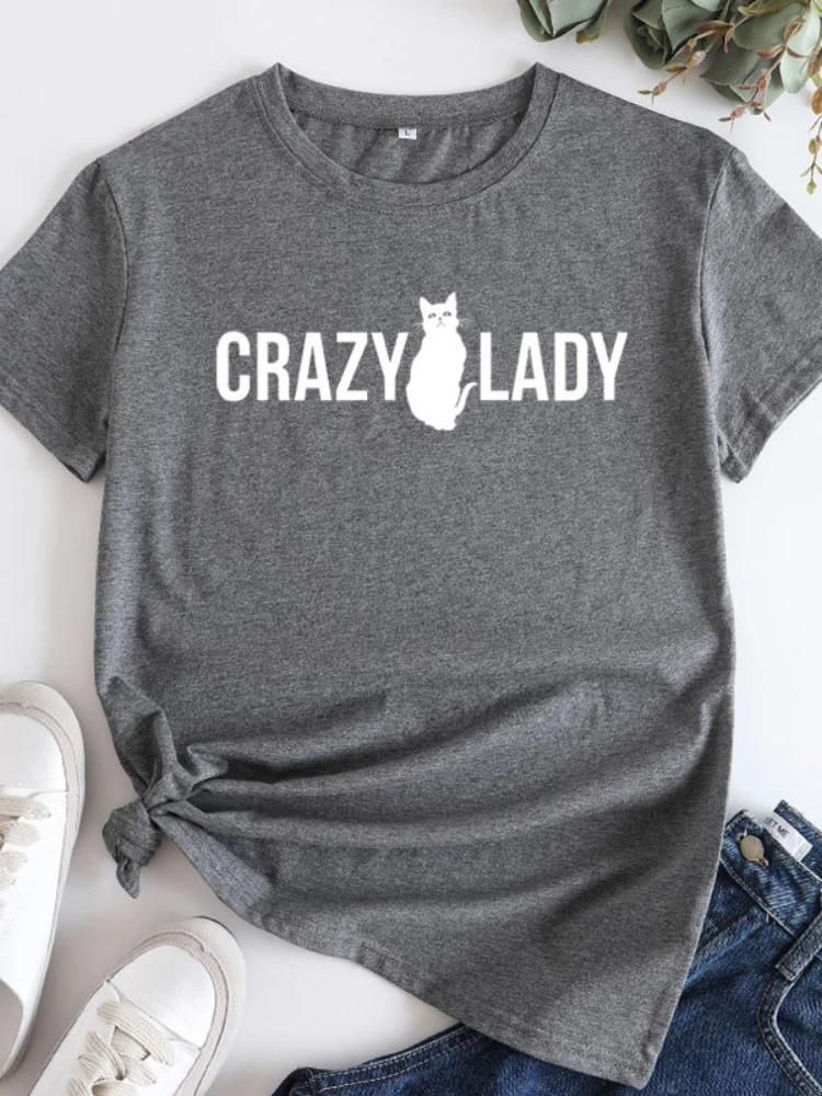 Crazy Lady Cat Print Женская футболка с коротким рукавом и круглым вырезом Свободная женская футболка Женская футболка Топы Camisetas Mujer