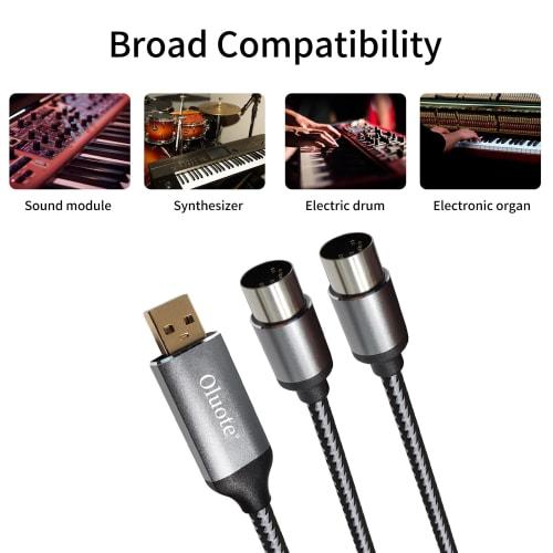 Oluot MIDI Cable Converter USB To MIDI Keyboard Cable, USB To MIDI 5-Pin DIN Male X 2P, Highly Compatible MIDI Cable for Musical Instruments, Arranger