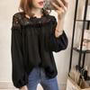 New Large Long Sleeve T-shirt Fashion Hook Flower Hollow Lace Splice Chiffon Top for Women