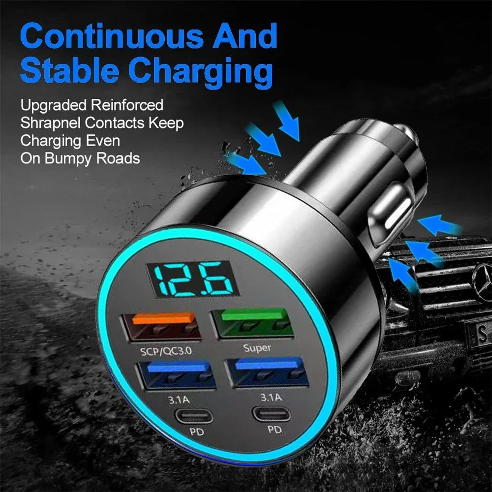 Автомобильное зарядное устройство 250 Вт 4USB QC3.0 PD Type-C Цифровой дисплей Автомобильное зарядное устройство 3.1A С обнаружением напряжения Многопортовый автомобильный адаптер питания