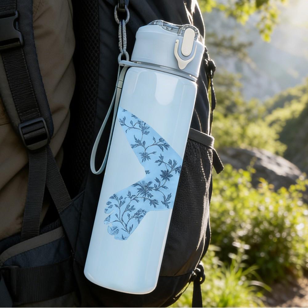 1PC Blue Floral Hummingbird 750ml Color Plastic Sports Water Bottle Leakproof Flip Straw Lid Suitable for Sports Office Home Use