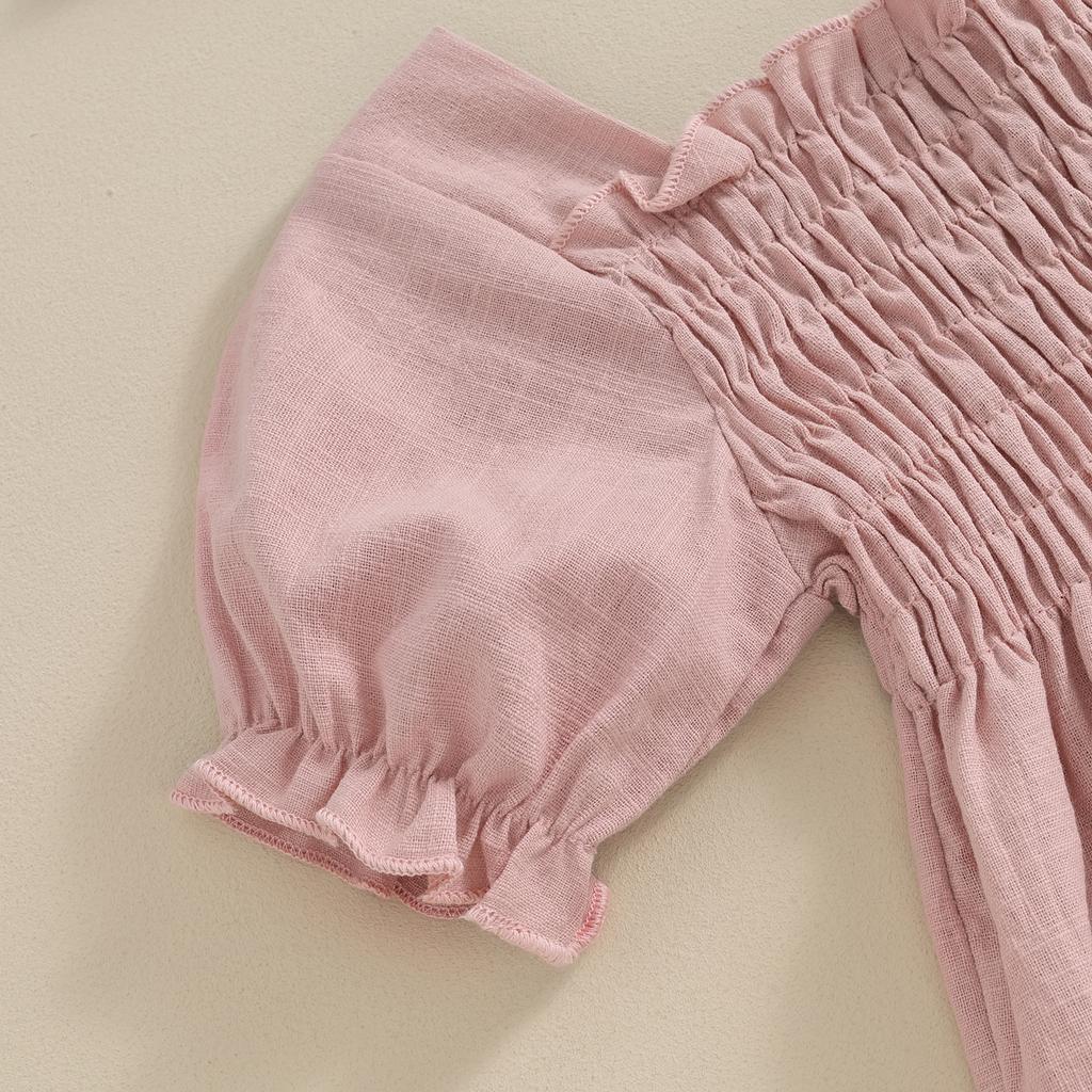 Летний комбинезон для младенцев и девочек, однотонный, с короткими рукавами, квадратным вырезом, присборенный, с бантом на голове