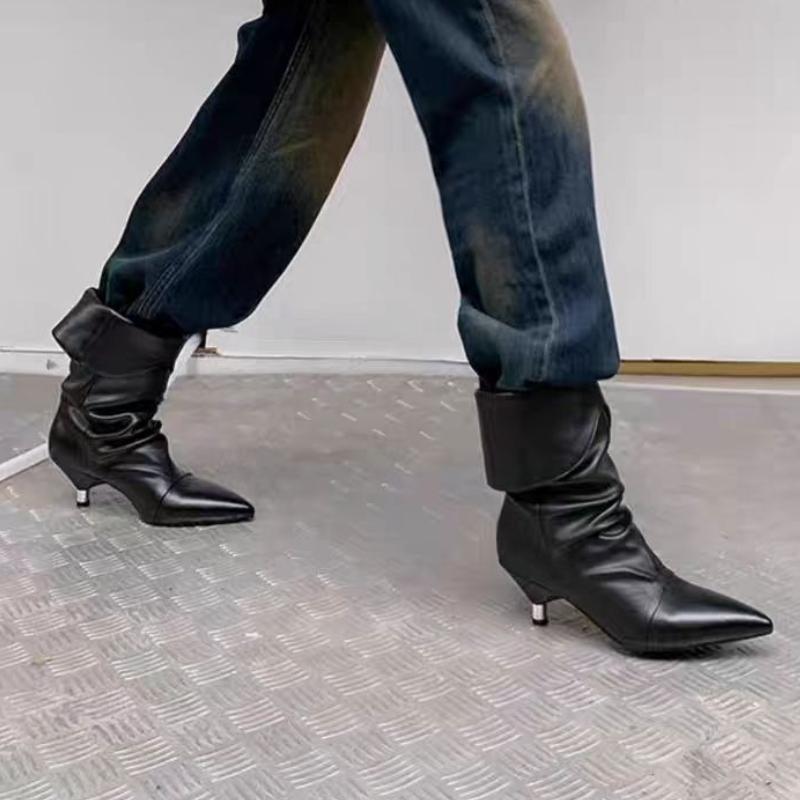 Дизайнер Моды 2025 Новые Женские Ботильоны Плиссированный Острый Носок Обувь на Высоком Каблуке Сексуальное Платье Вечеринка Зима Готическая Мода Сапоги Женские Туфли