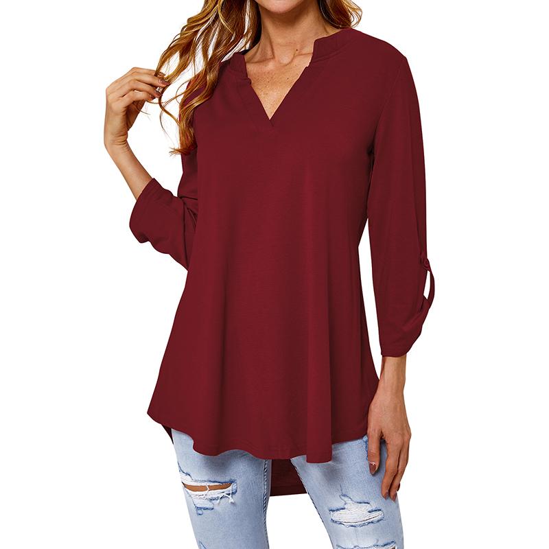 Женская шифоновая блузка с V-образным вырезом, рукав три четверти, повседневная офисная шифоновая блузка, рубашки, топы, свободные однотонные туники, топы