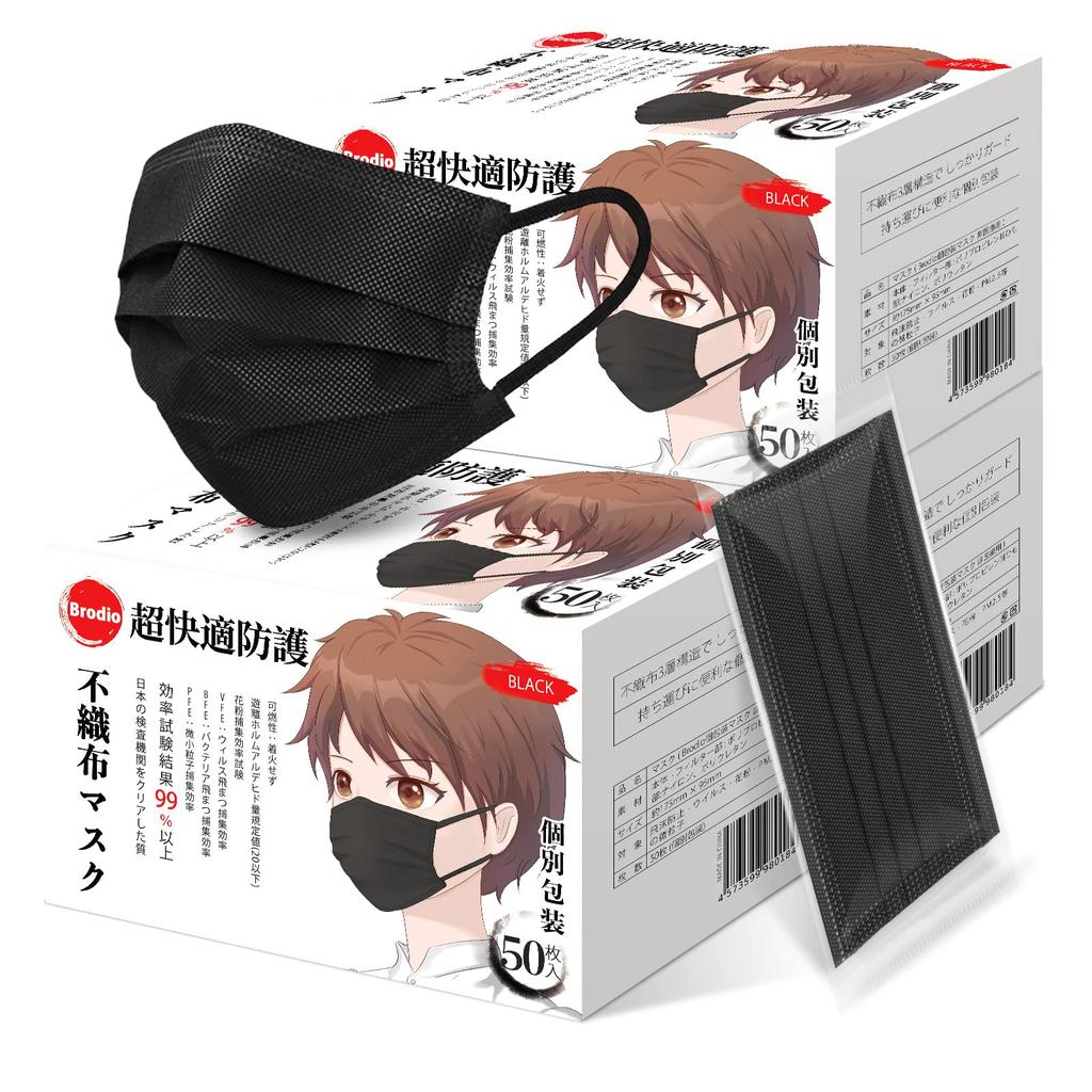 Бродио Черные Нетканые 150 Индивидуально Удобные Ушные Плиссированные Легкие Маски Унисекс, В Индивидуальной Упаковке, Защита, Трехслойная Конструкция, Дышащие, Дышать,