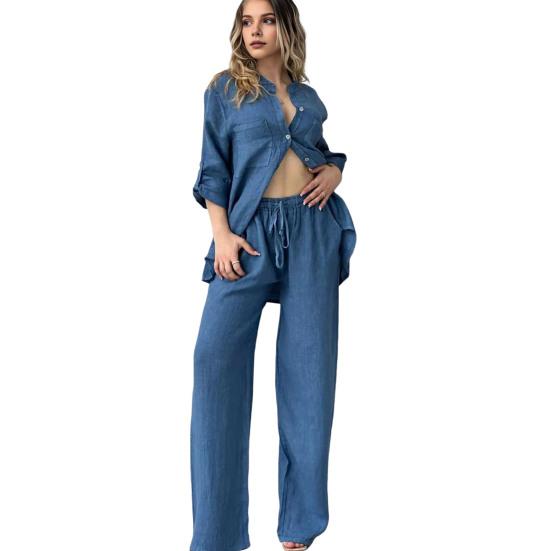 Комплект из 2 предметов: рубашка, брюки, осенне-весенний женский комплект, блузка с длинными рукавами, воротник-стойка, застежка на пуговицы, брюки с эластичной резинкой на талии, спортивный брючный костюм для поездок на работу